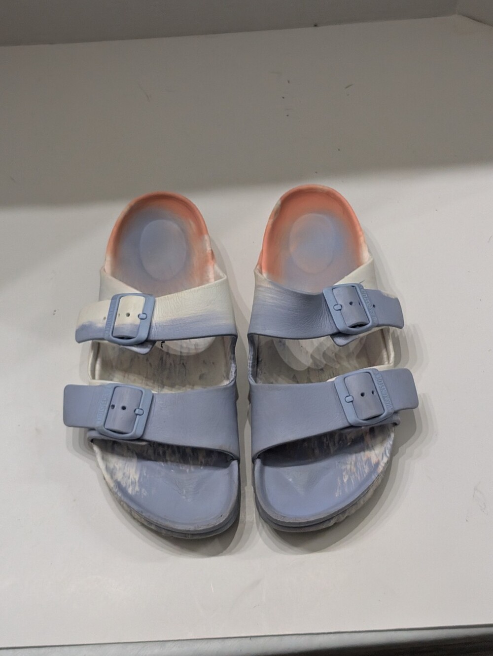 Birkenstock Women's 40/9 Arizona EVA Sandals Multi Coral Peach Blue White